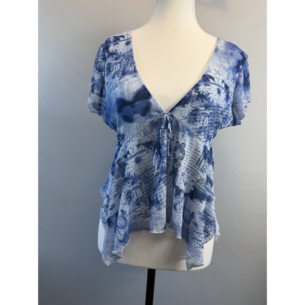 Y2K‎ Fairycore Sz Lrg Flowy Babydoll Top Floral Lace Trim Blue Butterfly Whimsy